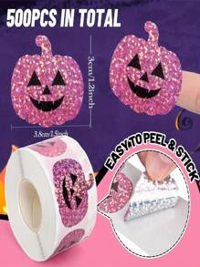 500 piezas Pegatinas de Halloween en rollo con forma de calabaza rosa con láser, pegatinas brillantes y resistentes al agua, autoadhesivas, para decorar sobres, diarios, fiestas, regalos de Halloween, decoración de otoño