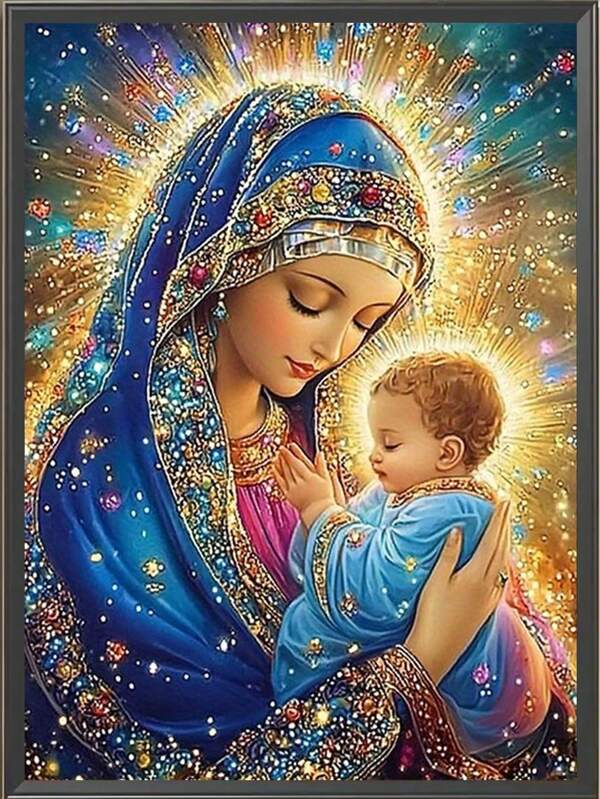 1 zestaw 40x50 cm DIY, pełny okrągły obraz diamentowy, Święta Maryja Dziewica trzymająca Dzieciątko, styl religijny, wzór na ubranie z Maryją Dziewicą i lśniącymi klejnotami, szczegółowe klejnoty i promienne elementy, atmosfera sakralna, odpowiedni na każdą porę roku, pełny obraz diamentowy religijny dla dorosłych