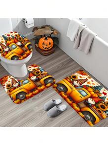 Autumn Pumpkin Shower Curtain Set, Includes Non-Slip Rug, Toilet Lid Cover, Bath Mat, And 12 Hooks - Woven Polyester, Waterproof, Dry Clean Only Bath Decor Accessories