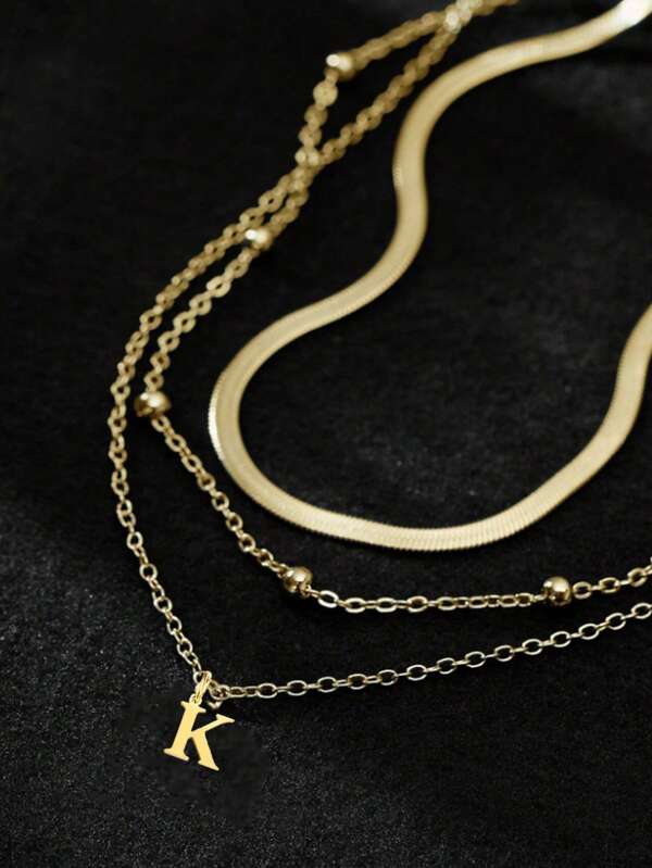 3 Piecesstylish And Minimalist Design Retro Stainless Steel Multi-Layer Chain A-Z 26-Letter Pendant Necklace For Ladies. Suitable For Daily Use And As A Gift For Festivals.