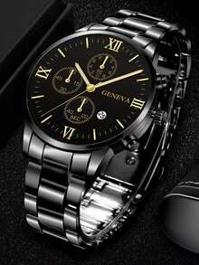 3 件男士休闲奢华商务石英表套装 - 时尚圆形表盘、日期功能、合金表壳和不锈钢表带 - 男士完美礼物 - 彩色 - 查看 4