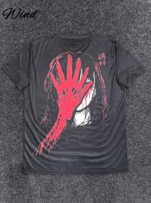 Summer Men's Short Sleeve Anime Y2K Slogan/Character Goth Girl Portrait Print T-Shirt, Suitable For School Wear