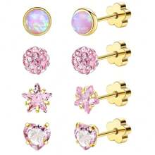 4 对 18K 金钛钢真空电镀耳环，镶嵌 5 毫米彩色锆石和蛋白石，适合女孩和女士的软骨穿孔、日常和节日佩戴 - 4對 - 查看 5
