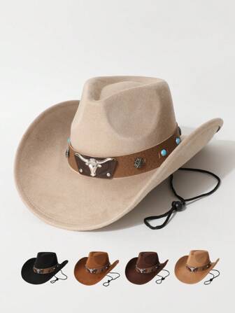 1pc Unisex New Faux Leather Decor High Quality Suede Brim Hat, Fashion Minimalist Versatile Western Cowboy Style, Suitable For Daily Wear, Western Themed Events, Birthday Parties, Music Festivals