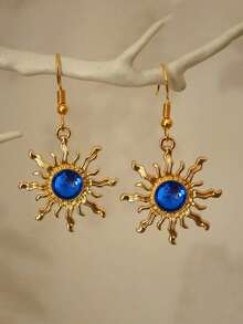 1 Pair Bohemian Style Baroque Sunflower Faux Jade Plated Gold Dangle Earrings, Elegant & Fashionable Earring Hooks - Sun - View 6