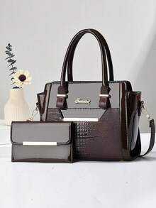 2-Piece Elegant Two-Tone Tote Bag And Slim Shoulder Bag Set - Brown And Black, Large Capacity, Zipper Closure, Fashionable Office/Commute Bag, Office Bag | Fashionable Shoulder Bag | Zipper Bag - Multicolor - View 8