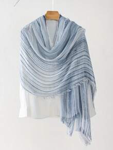1 件女士时尚简约条纹渐变褶皱流苏涤纶围巾，休闲百搭头巾防风防晒披肩 - 彩色 - 查看 13
