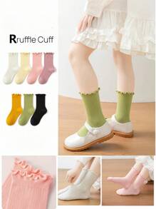 1/2/3/7 双随机儿童纯色木褶边袜子，春夏秋季糖果色蕾丝袜，女童袜子，舒适柔软，网眼透气，运动时尚中筒儿童袜子，适合日常穿着