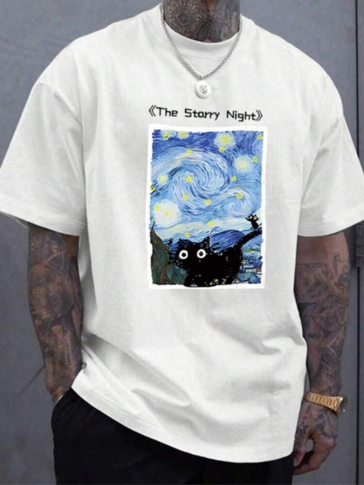 Playera de Hombre con estampado de "Starry Cat" - Blanco - Añade 1
