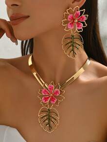 3pcs/Set Summer Fashion Bohemian Colorful Hollow Flower Necklace + Earrings Jewelry Set For Women, Suitable For Casual, Beach, Date, Party, Gift