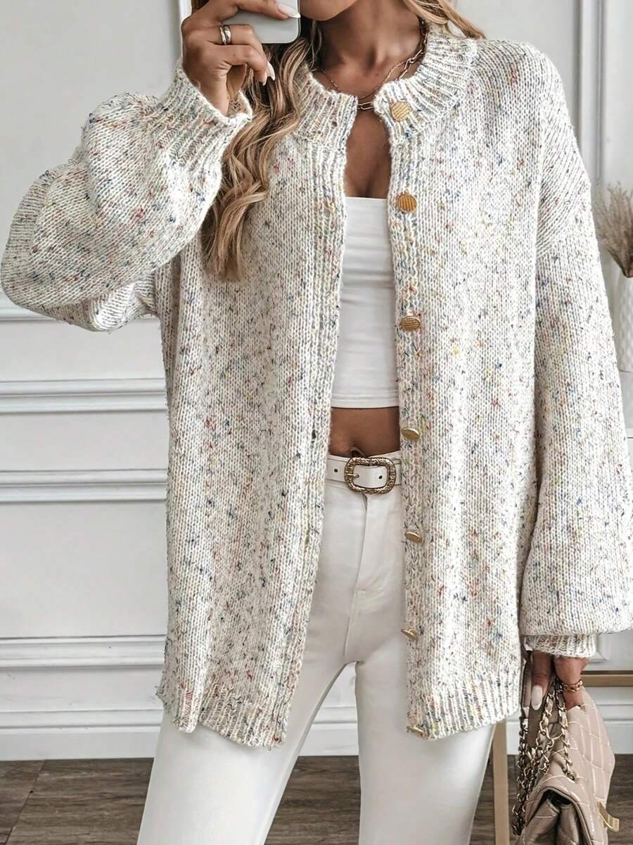 时尚波点印花休闲开衫外套，长袖，百搭优雅，适合工作和日常穿着，大码女款，白色