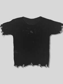 YONGC Men's Loose Ripped Crew Neck Short Sleeve Knit Top, Men's Summer Vacation Wear, Lightweight Hollow-Out Solid Color Vintage Frayed Hem Street Style - Black - View 4
