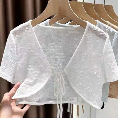 1 pieza Cárdigan con estampado floral de encaje de unicolor con lazo delantero, chal corto de estilo bohemio y ligero para el verano, adecuado para combinar con vestidos de camiseta y atuendos de playa, vacaciones