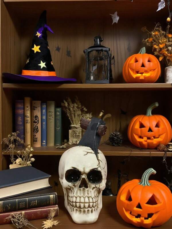 1pc Mysterious Dark Gothic Style Resin Skull Decor, Spooky Desktop Ornament For Halloween, Suitable For Shelves, Gardens, Porches, Bars, Restaurants, Creative Studios, Offices To Bring Festive Atmosphere With Witch Hats And Spell Books.