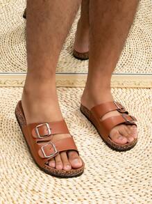 Men's Casual Simple Solid Color Buckle Flat Heel Set Wearing One Line Slippers, Suitable For Teen Summer Casual Or Outdoor Athletic Or Vacation Travel Or Graduation Gifts Or Birthday Dress Accessories