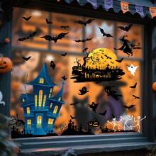 4 Sheets Blue Halloween Window Clings - Castle, Bats, Pumpkins & Ghosts Static Cling Stickers, Removable Glass Decor For Spooky Party, Home & Office Decorations, Halloween Decorations, Haunted House Stickers, Easyapply Stickers, Holiday