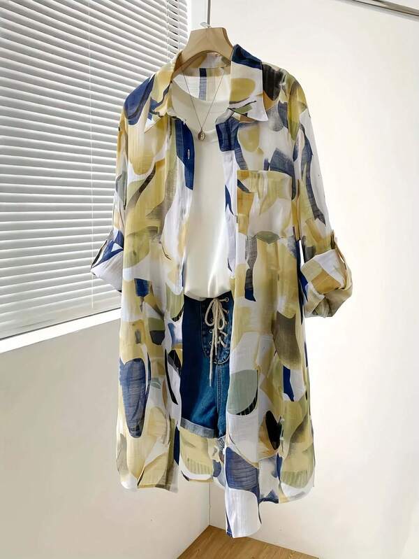 Women's Casual Long Sleeve Leaf Print Shirt, Front Button Closure With Pockets, Rollable Sleeves, Lapel Collar Design, Suitable For Autumn, Winter And Spring Seasons