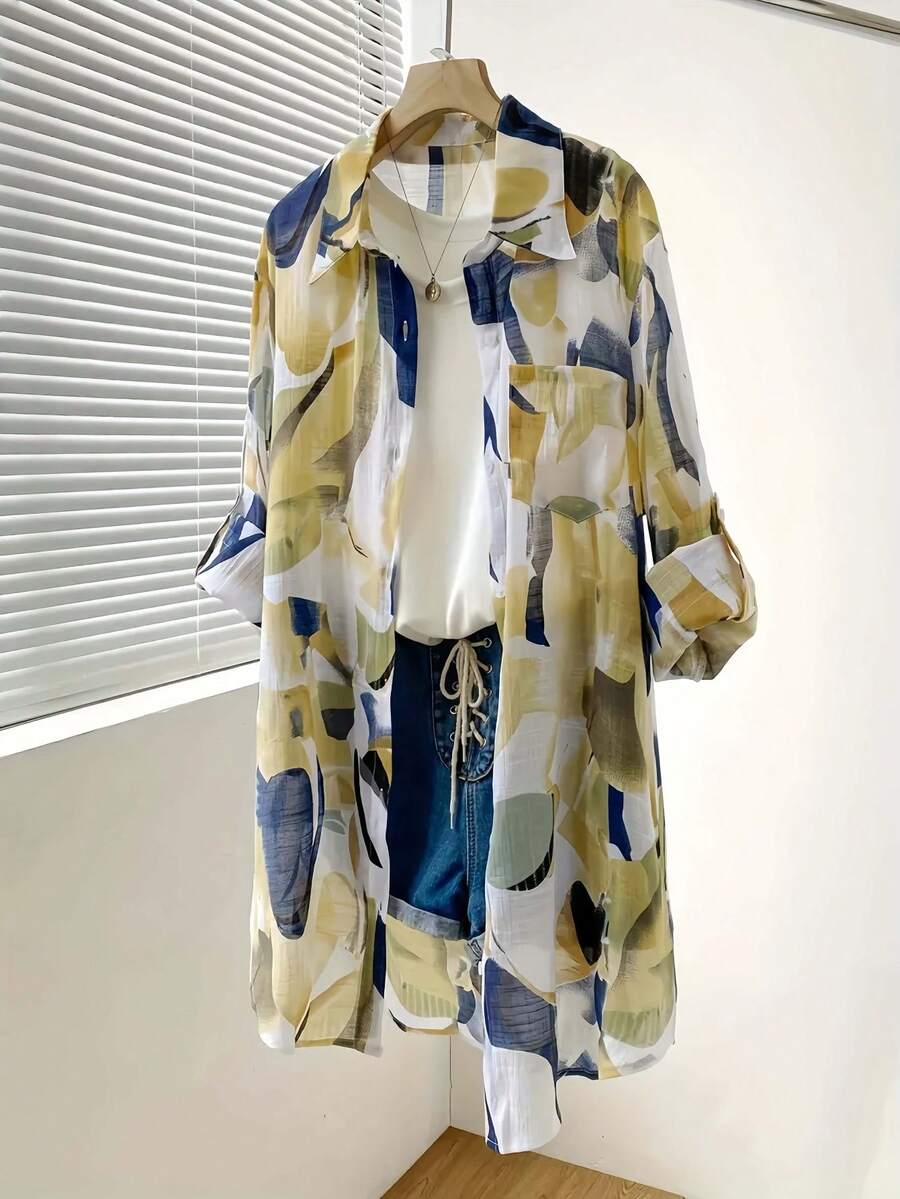 女士休闲长袖树叶印花衬衫，前襟纽扣开合，带口袋，卷边袖口，翻领设计，适合秋、冬、春季穿着。 - 黃色 - 查看 1