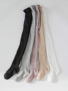 5pcs Girls' Solid Color Vertical Striped Leggings, Minimalist Versatile Girls' Tights, Suitable For Daily Wear, Pair With Skirts And Shoes