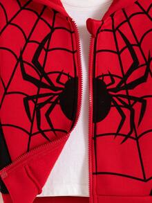 男童休闲卡通蜘蛛印花拉链落肩连帽羊毛夹克外套，秋冬