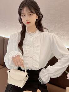 Women Solid Ruffled Lace Patchwork Button Front Long Sleeve Blouse, Casual, Spring/Autumn White - White - View 2