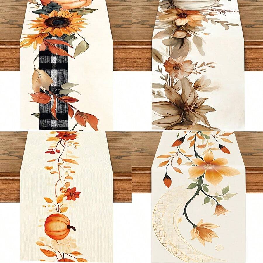 秋季花卉桌旗，奶油色背景上优雅的橙色花朵和叶子印花，秋季餐桌装饰，适合餐厅、秋季聚会和农舍家居装饰