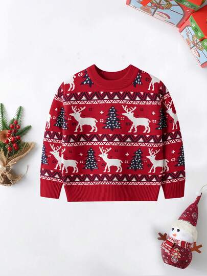 BOARNSEORL Sweter z długim rękawem dla chłopców z nadrukiem choinki i jelenia, uroczy i modny, odpowiedni na Boże Narodzenie, Nowy Rok, na co dzień i w podróż