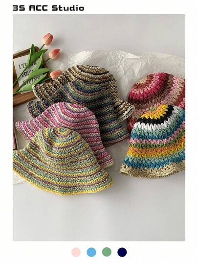 加大码彩虹条纹镂空遮阳帽，女士户外防紫外线宽檐帽，新款手工大头围沙滩度假渔夫帽