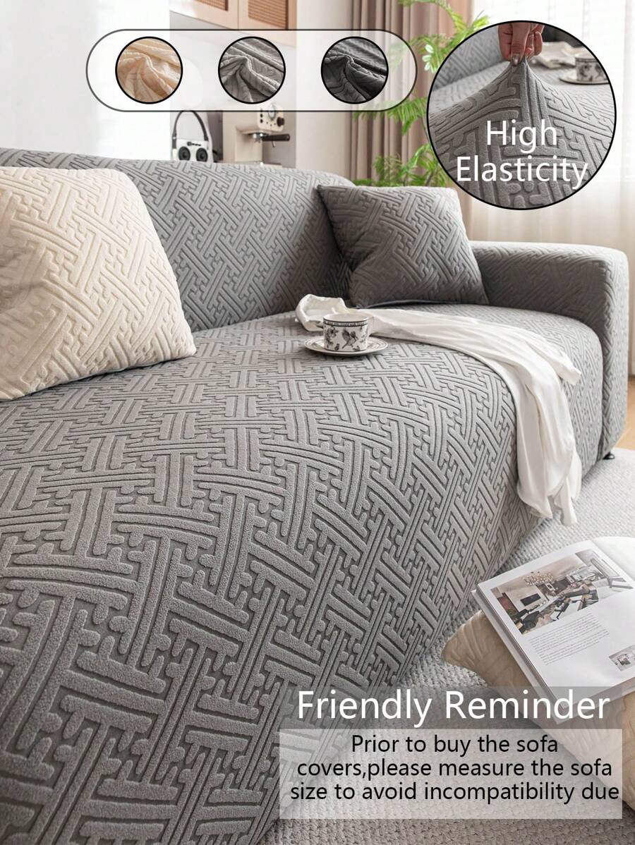 1pc Solid Color Jacquard Stretch Elastic Sofa Cover, Ins Style For All Seasons, Machine Washable, Pet Proof & Durable, Suitable For Living Room, Bedroom, Dining Room, Outdoor, Fits 1/2/3/4 Seater Sofa, Non-Slip Strips Included
