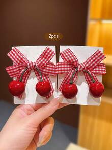 2 piezas Pasadores de cabello con lazo de cereza roja, estilo dulce para uso diario - Rojo - Ver 4