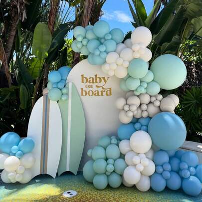 105件套“大号”气球拱门和花环套装，朦胧蓝、朦胧绿和沙白色气球，沙滩派对装饰，冲浪主题，一周岁生日，婴儿派对，波西米亚风（蓝色）