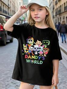 Tween Boys/Girls Summer Shirts "Dandy's World Cartoon Theme Cotton Graphic Tees, Black Casual Summer Tops With Cartoon Characters, Gift For Birthday, Kids Party, Fashion Retro Style" Boys Graphic Tees & Tween Girl Clothes - 黑色 - 查看 2