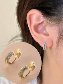 1 Pair Fashion Double-Layer Blue Zirconia Copper Hoop Earrings For Women, Mosquito Coil Design, Earclips Without Piercing, Delicate & Secure, Suitable For Daily Wear, Holiday Gift - Double Layer Ear Clip - View 11
