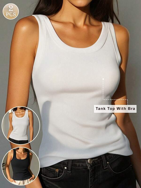 2pcs Fitted Crew Neck Knit Ribbed Camisole Tops For Women, Seamless Stretchy Soft Undershirt, Casual Summer Solid Color