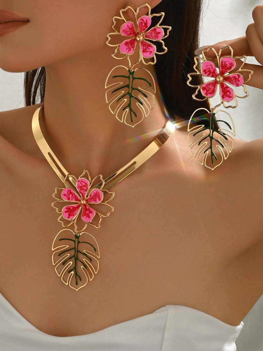 3pcs/Set Summer Fashion Bohemian Colorful Hollow Flower Necklace + Earrings Jewelry Set For Women, Suitable For Casual, Beach, Date, Party, Gift