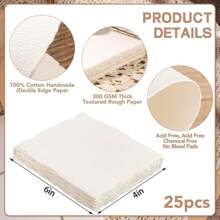 25 Sheets Watercolor Paper, 300 GSM Deckled Edge Paper Rough/Textured Handmade Paper Cotton Paper For Watercolors, Wedding Invitations, Cards, Crafts