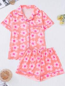 Two-Piece Women's Elegant Polyester Pink Pajama Set, Floral Print, Knit Fabric, All-Season Comfort, Short-Sleeved Button-Down Top, Collar And Matching Shorts, Pocket Details, Perfect For Adults Pajama Set - 粉色 - 查看 1