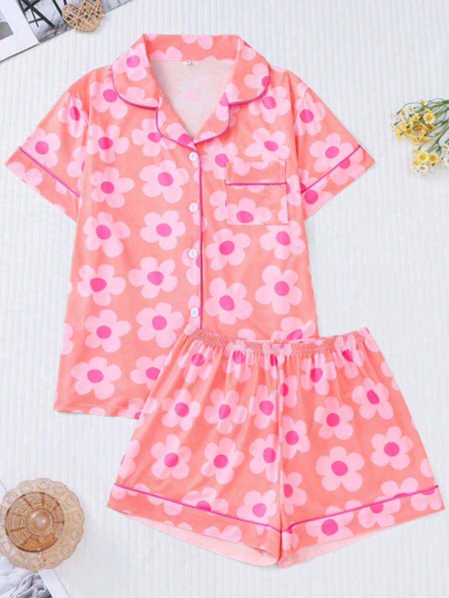 Two-Piece Women's Elegant Polyester Pink Pajama Set, Floral Print, Knit Fabric, All-Season Comfort, Short-Sleeved Button-Down Top, Collar And Matching Shorts, Pocket Details, Perfect For Adults Pajama Set - 粉色 - 查看 1