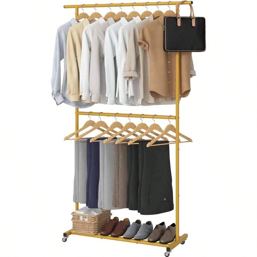 Double Rod Clothing Garment Rack, Rolling Coat Hanger With Bottom Mesh, Clothing Rack For Hanging Clothes, Coats, Skirts, Sweaters, White - With mesh + Gold - View 1