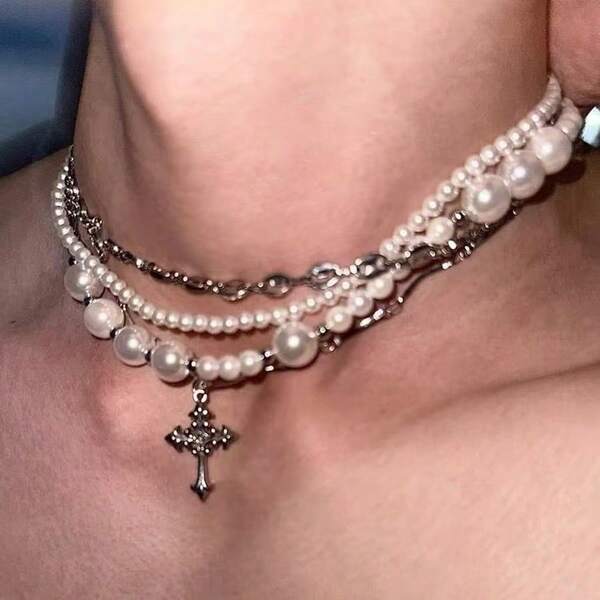 1 件多层珍珠项链，独特设计，适合情侣、毛衣链、时尚锁骨链