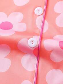 Two-Piece Women's Elegant Polyester Pink Pajama Set, Floral Print, Knit Fabric, All-Season Comfort, Short-Sleeved Button-Down Top, Collar And Matching Shorts, Pocket Details, Perfect For Adults Pajama Set - 粉色 - 查看 9