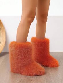 Women's Furry Faux Fur Boots Fuzzy Fluffy Mid Calf Snow Boots Suede Warm Fur Lined Booties Flat Fashion Boots - 橘色 - 查看 1