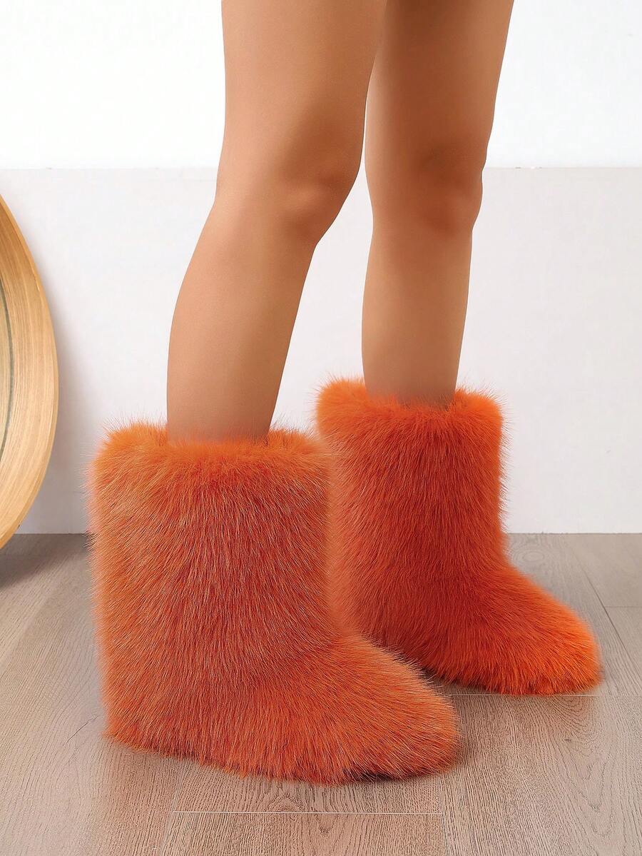 Women's Furry Faux Fur Boots Fuzzy Fluffy Mid Calf Snow Boots Suede Warm Fur Lined Booties Flat Fashion Boots - 橘色 - 查看 1