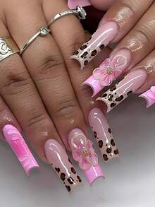 24 件长棺材指甲贴，豹纹法式 3D 花卉水滴美甲套装，含 1 个指甲锉和 1 瓶果冻胶，适合女性日常和派对场合、婚礼