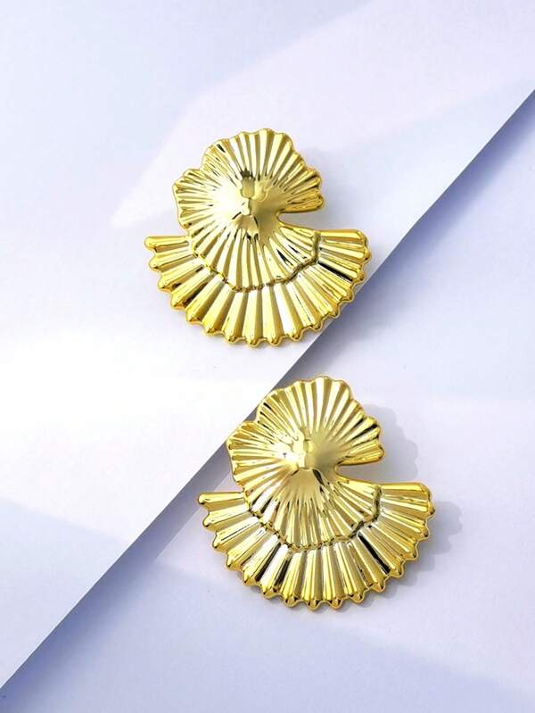 2pcs Gold Asymmetrical Ginkgo Leaf Fan-Shaped Earrings For Women, Suitable For Gifts, Daily Wear, Weddings, Parties