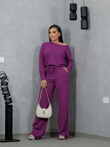 Women's Winter Set With Long Sleeve Lanzinha And Wide Leg Pants - Rose Red - View 3