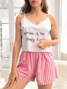 Conjunto de Pijama de Mujer con Tirantes y Estampados Variados – Dos Piezas Suaves y Frescas para Verano - Rosa Pálido - Ver 3