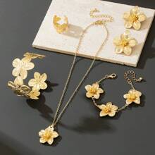 5-Piece Set Summer Holiday Elegant Floral 5-Petal Pendant Necklace, 1 Pair Of Earrings, 1 Necklace, 1 Bracelet, 1 Set Of Rings - Suitable For Daily, Casual, Party, Commuter, Vacation, Dating, Party, Fashion Women Jewelry Gifts