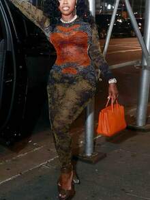 Tuta lunga aderente in vita alta con zip, maniche lunghe, stampa grafica e dettagli in rete, sexy - Arancione - Visualizzare 5