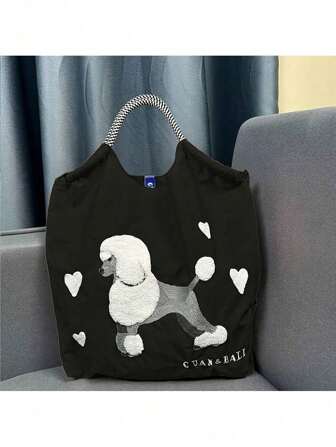 新款时尚贵宾犬刺绣轻质尼龙大容量手提包，适合聚会、旅行、购物